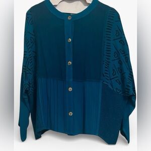 Unique Teal Button-Up Light Sweater from Moracco with Patterned Sleeves